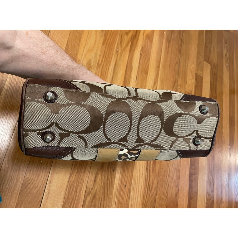 Coach Hampton Satchel Signature Canvas Brown Leopard  F13073 Leather Trim - Picture 3 of 9